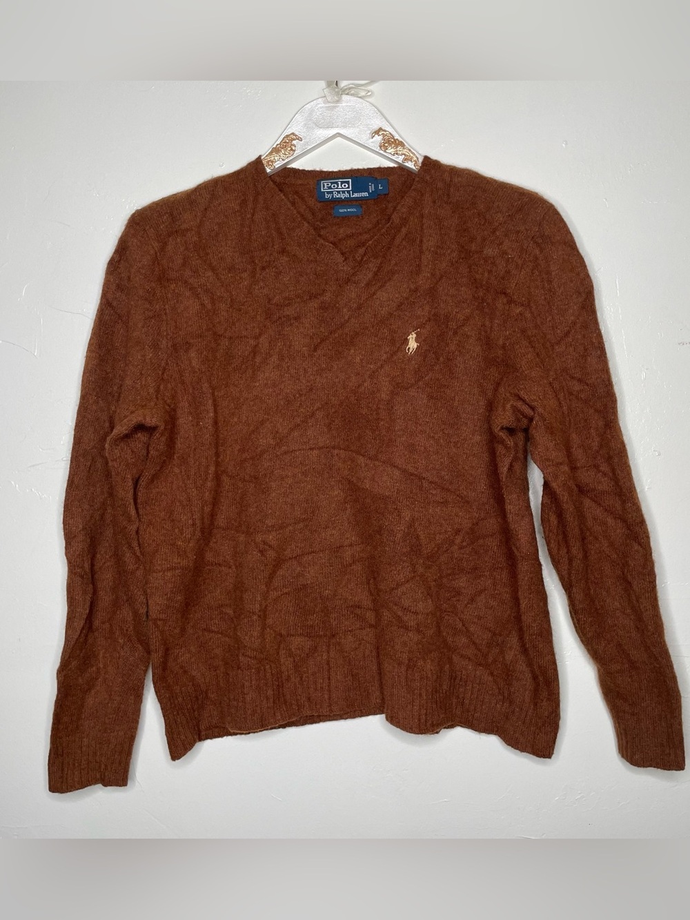 POLO RALPH LAUREN 100% WOOL BROWN SWEATER SZ L